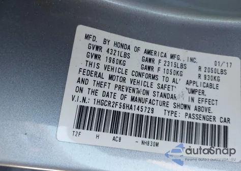 2017 Honda Accord Sport from USA, damaged, VIN 1HGCR2F56HA145729